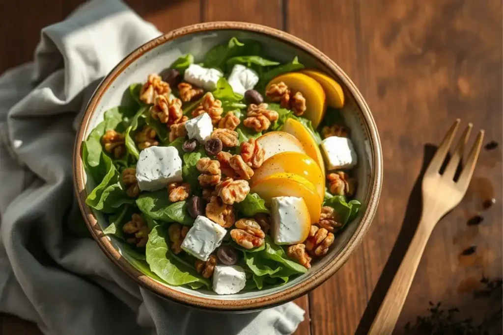 Top-down view of goat cheese salad with mixed greens, walnuts, honey drizzle, and pear slices in a ceramic bowl on wooden table.