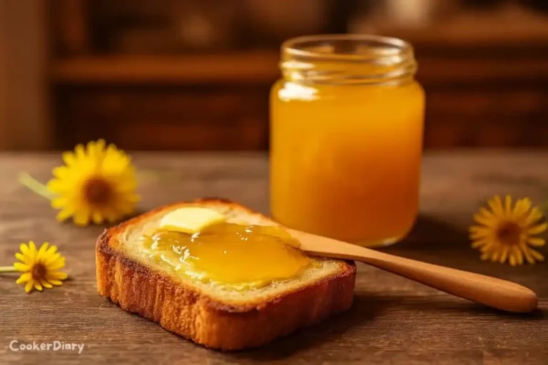 Dandelion jelly spread on toast with fresh dandelion flowers in the background.