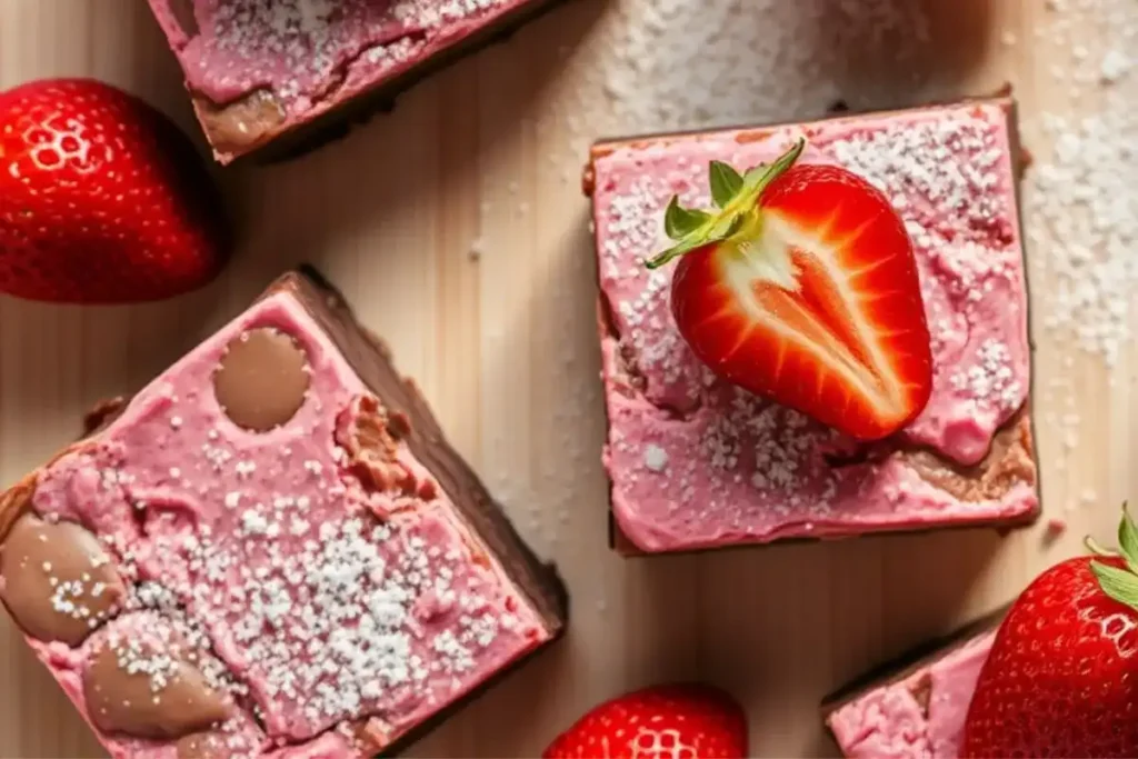 a gooey, fudgy homemade strawberry brownie with fresh strawberries.