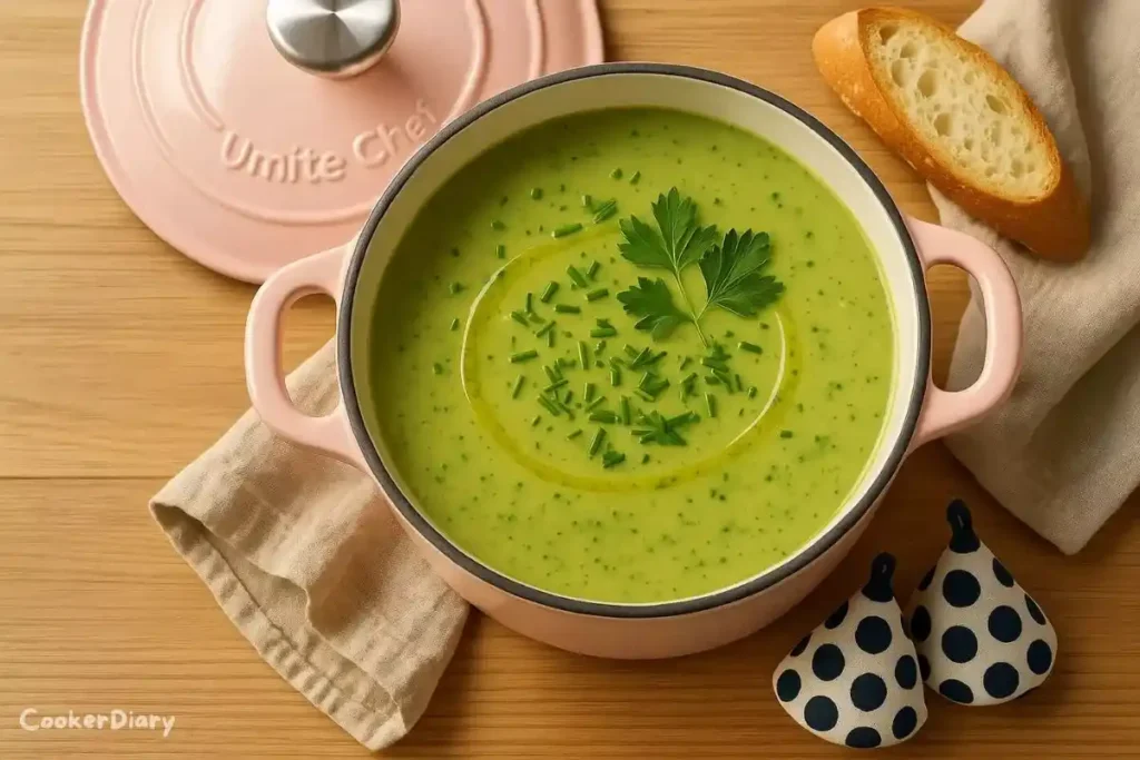 Top-down view of creamy green garlic soup in a white pot with herbs on top.