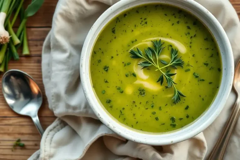 Top-down view of creamy green garlic soup garnished with green garlic shoots in a white bowl on a wooden table.