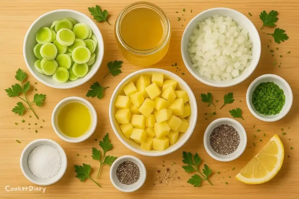 Flat-lay of fresh ingredients for green garlic soup on a wooden surface.