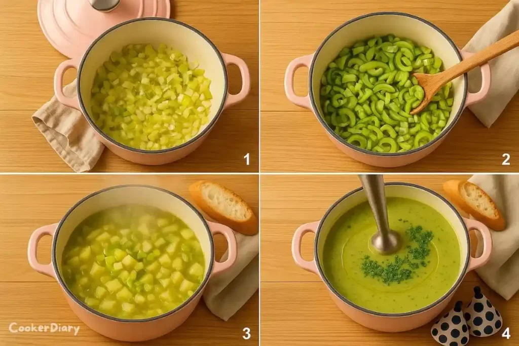 Step-by-step composite showing sautéing, simmering, blending, and garnishing the soup.