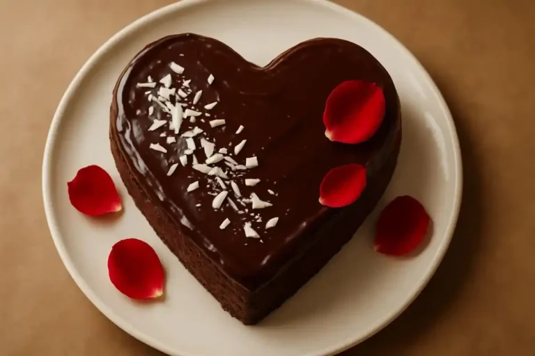A close-up, top-down view of a heart-shaped chocolate cake with smooth, glossy chocolate ganache and delicate white chocolate shavings on top.