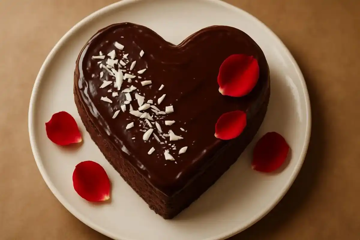 A close-up, top-down view of a heart-shaped chocolate cake with smooth, glossy chocolate ganache and delicate white chocolate shavings on top.