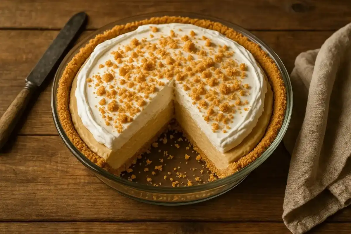 Top-down view of an Amish peanut butter pie with whipped topping and crumbled peanut butter garnish on a wooden table.