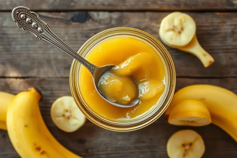 Top-down view of a glass jar filled with golden banana jam, a silver spoon inside, surrounded by ripe bananas on a wooden table.