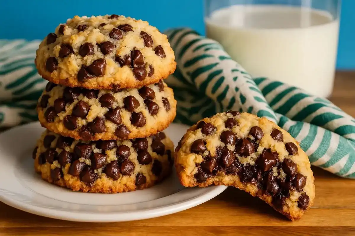 golden coconut chocolate chip cookies with toasted coconut flakes and dark chocolate chips on a wooden board.