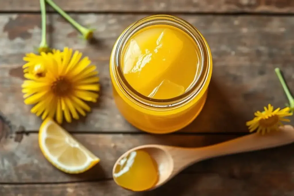 Top-down view of a jar of dandelion jelly with lemon, surrounded by dandelion flowers and lemon slices.