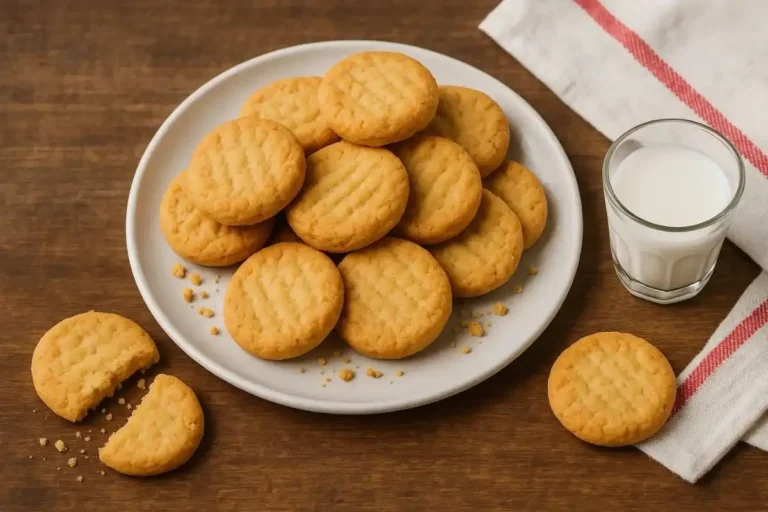 Top-down view of golden-brown, square Lorna Doone cookies on a white plate with a glass of milk on a rustic wooden table.