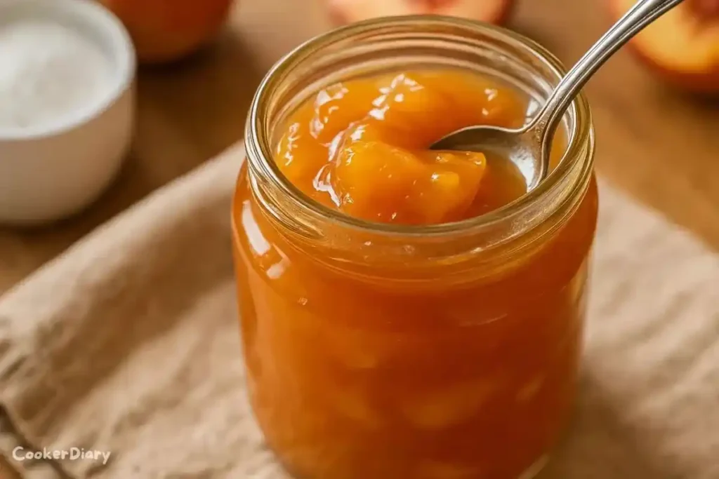 Angled close-up of peach jam in a glass jar with spoon and fruit in the background.