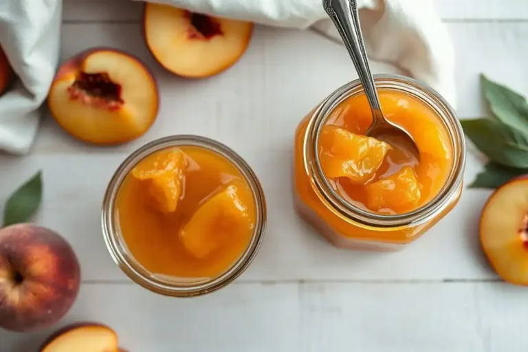 Top-down view of an open jar of golden peach jam with a spoon dipped in, surrounded by fresh peach slices on a wooden table.