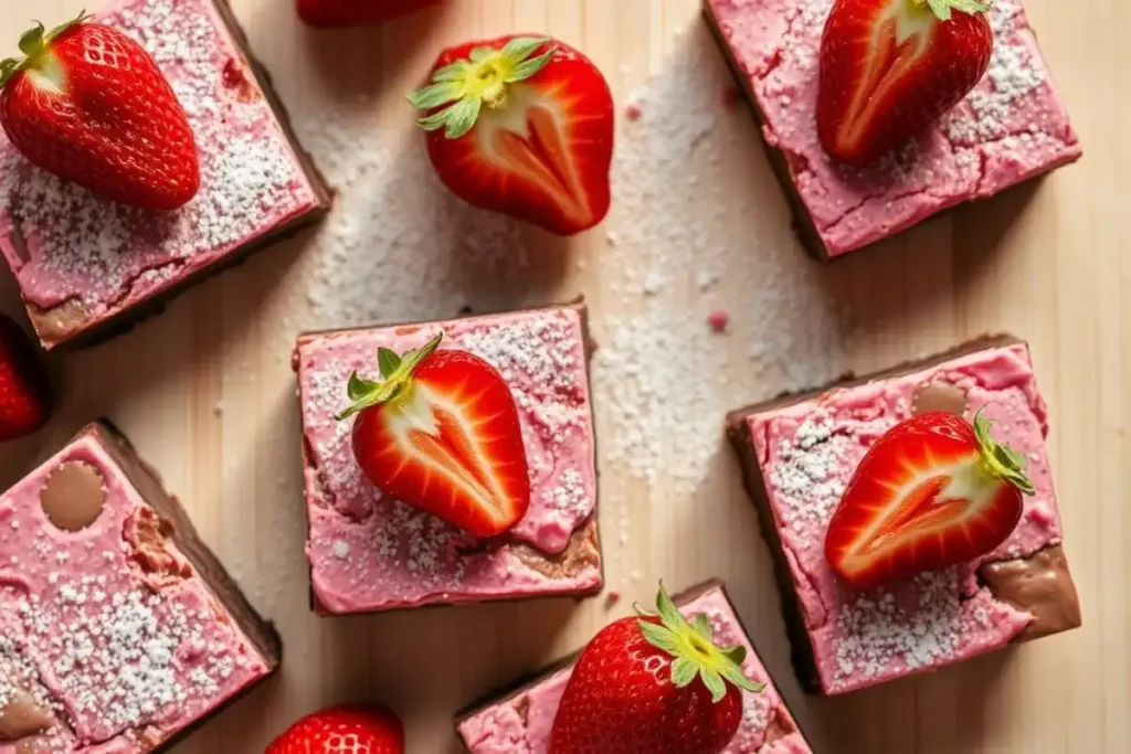 Top-down view of homemade strawberry brownies with powdered sugar and strawberry slices.