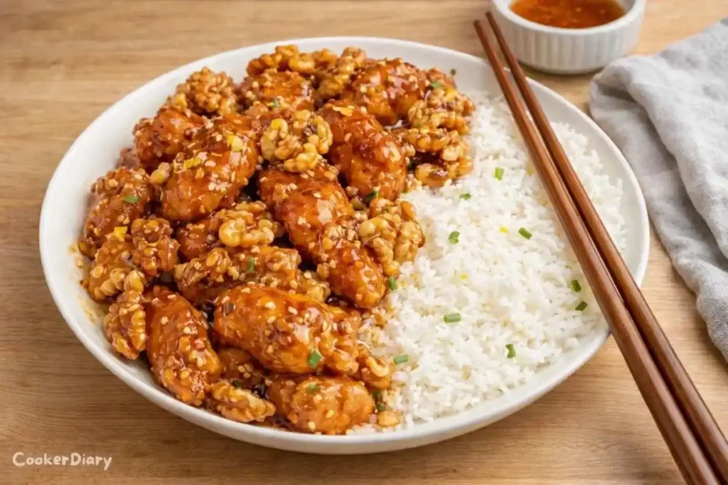 Top-down view of honey walnut chicken chunks coated in glossy honey sauce, garnished with candied walnuts, on a white plate with light wooden countertop background.