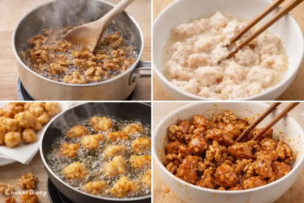 Four-step composite showing candied walnuts cooking, chicken coating, frying golden chicken, and tossing in honey sauce with walnuts.