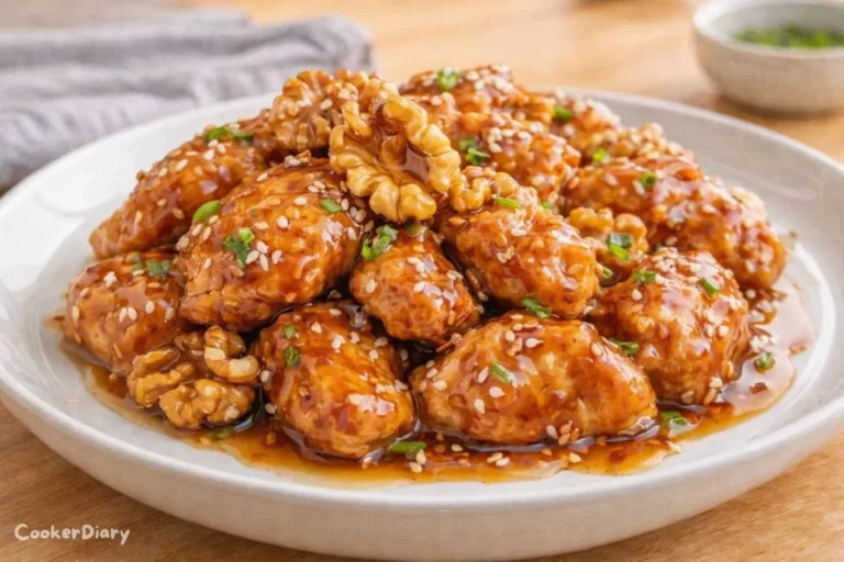 Close-up angled view of honey walnut chicken chunks on a white plate, showing glossy honey sauce and candied walnuts.