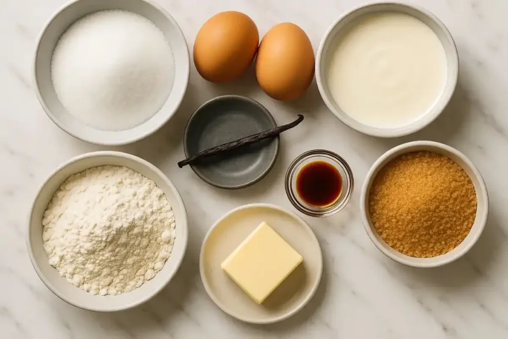 Flat-lay of crème brûlée cookie ingredients including eggs, sugar, cream, vanilla, butter, flour, and brown sugar.