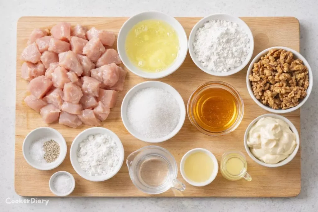 Flat-lay of raw ingredients for honey walnut chicken on a wooden cutting board, including chicken chunks, egg whites, cornstarch, honey, mayonnaise, walnuts, sugar, and lemon juice.