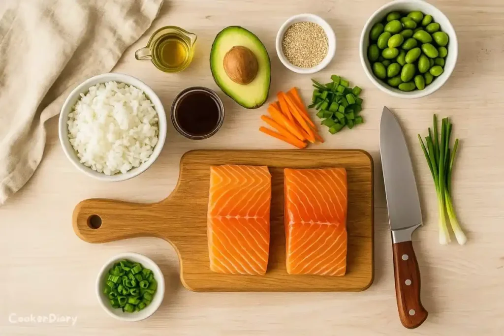 Flat-lay of raw ingredients for salmon teriyaki bowl on a wooden countertop.