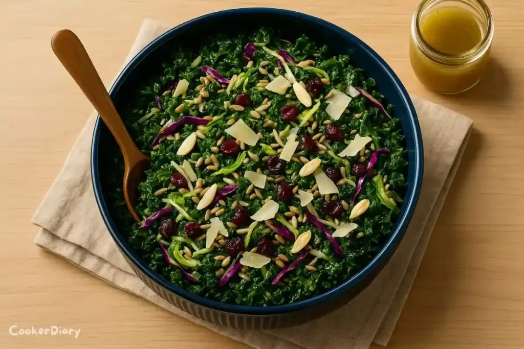 Top-down image of kale crunch salad with cabbage, nuts, and cranberries in a white bowl.