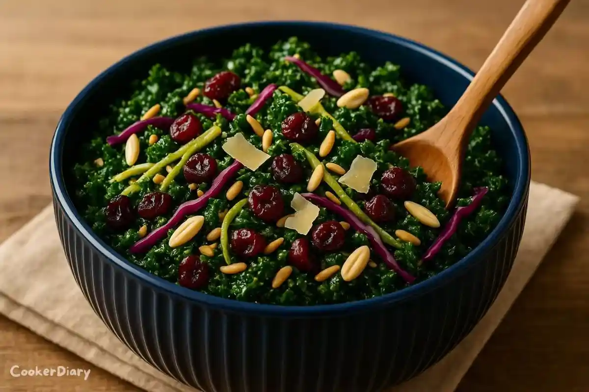 Side-angled close-up of kale crunch salad showing layered textures and toppings.