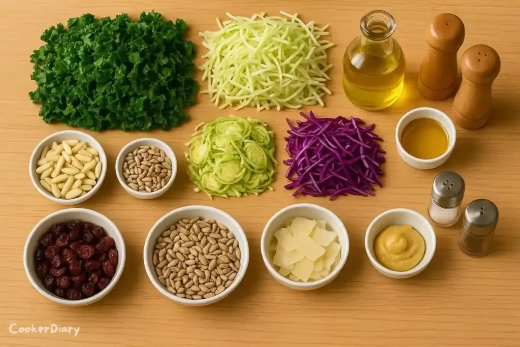 Flat-lay of raw recipe ingredients on wooden countertop.