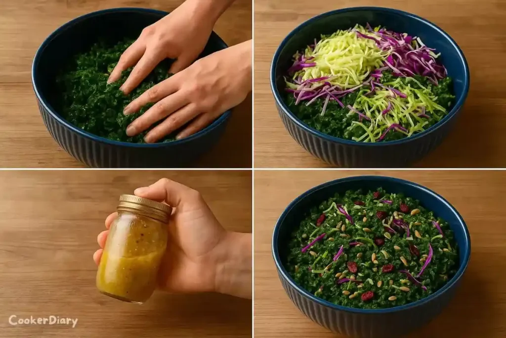 Four-step method image — massaging kale, mixing cabbage, shaking dressing, finishing salad.