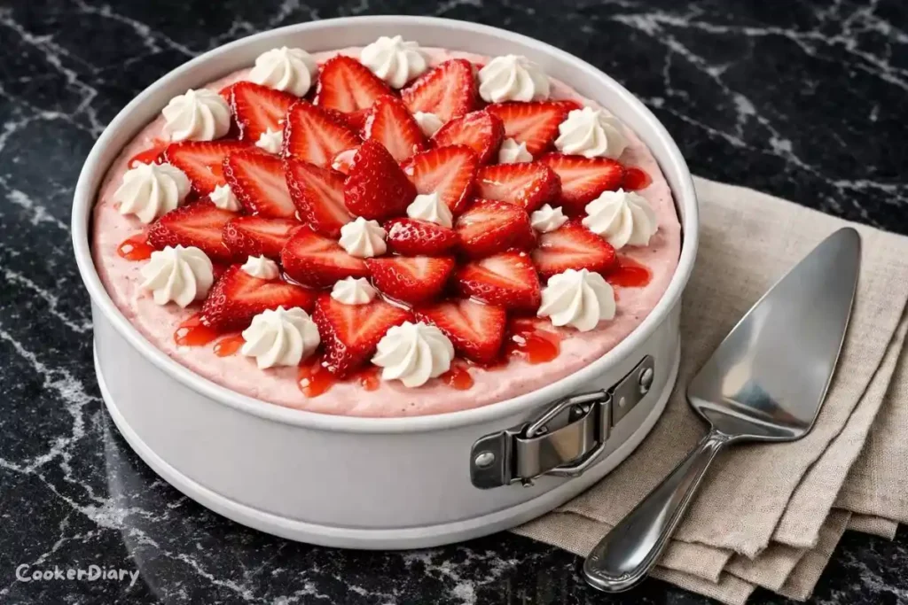 Top-down view of strawberry mousse cake with fresh strawberries and whipped cream.