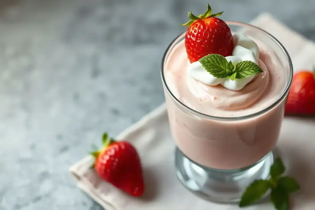 Top-down view of a light and fluffy strawberry mousse topped with whipped cream and fresh strawberry.