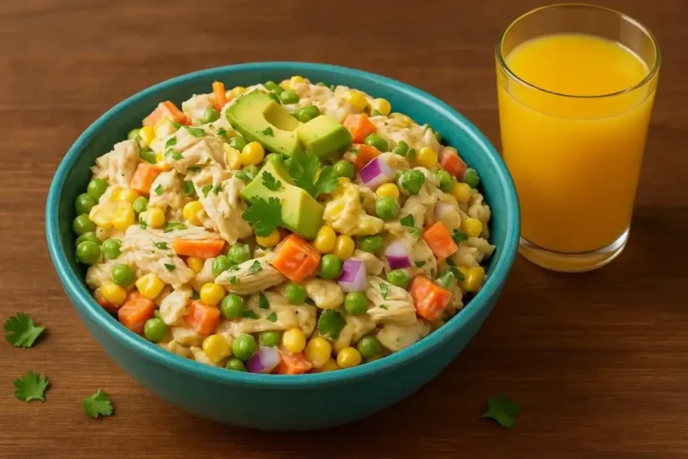 Colorful Mexican chicken salad bowl with grilled chicken, avocado, corn, black beans, and fresh veggies