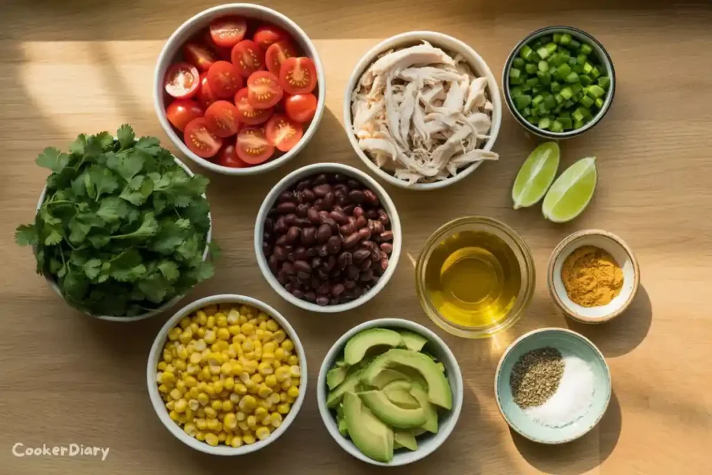Flat-lay of ingredients for Mexican chicken salad on wooden counter.
