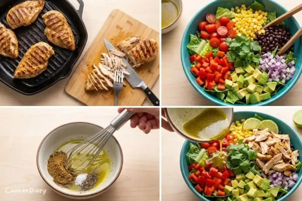 Four-step composite showing how to prepare Mexican chicken salad from cooked chicken to tossed salad.
