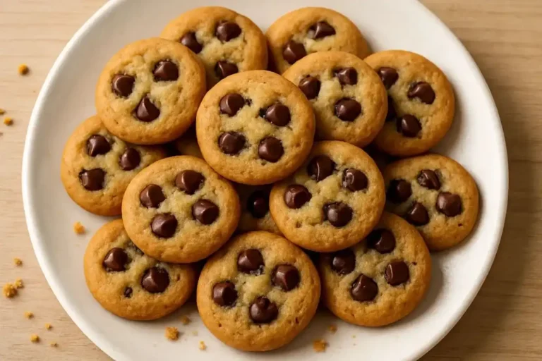 A top-down view of mini chocolate chip cookies on a white plate with melted chocolate chips, some crumbs, and a wooden background.