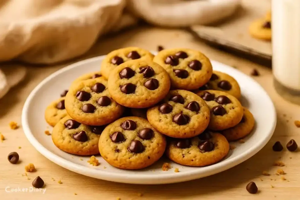 Angled close-up of mini chocolate chip cookies stacked on a plate with crumbs.