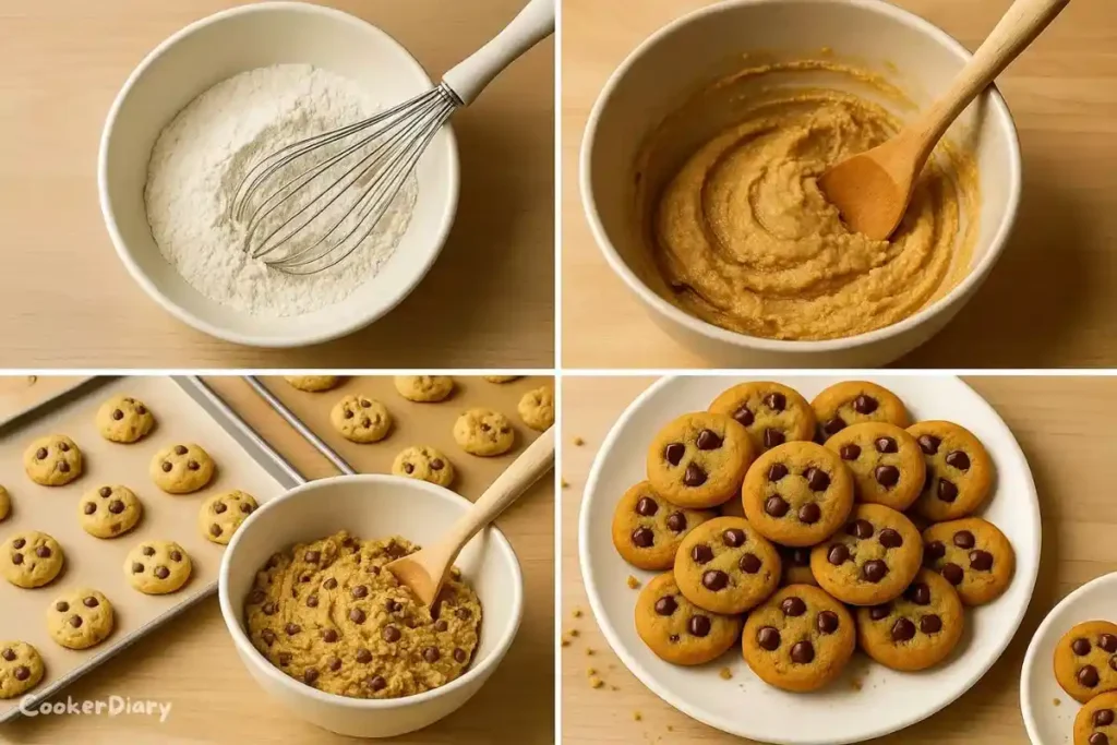 Four-step composite showing how to make the recipe from mixing to baking.