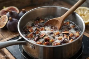 Mixing chopped figs, sugar, and water in a saucepan with a wooden spoon