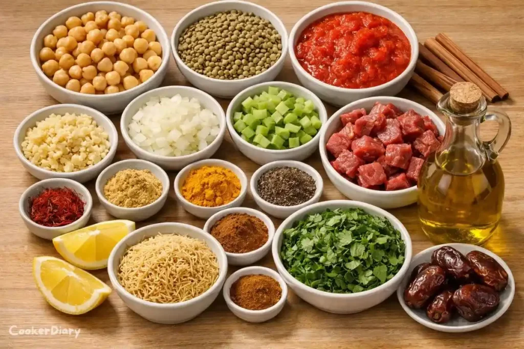 Flat-lay of Moroccan Harira soup ingredients on wooden surface.