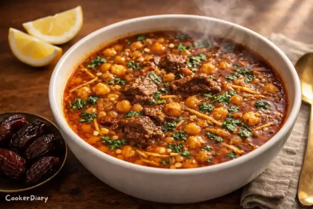 Angled close-up of Moroccan Harira soup showing texture and herbs.