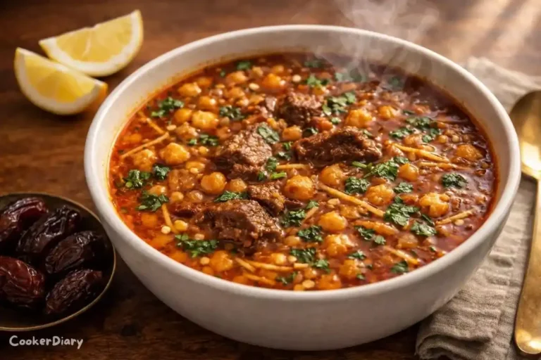 Angled close-up of Moroccan Harira soup showing texture and herbs.