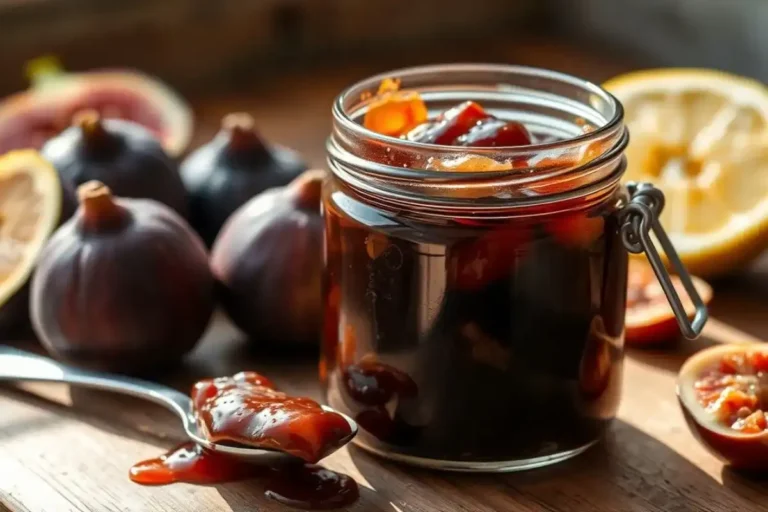 Angled close-up of open jar of old-fashioned fig jam with silver spoon and fresh figs in the background.