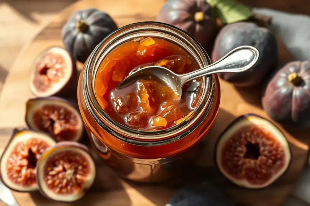 Top-down view of rustic jar of old-fashioned fig jam with fresh whole and halved figs on wooden board.