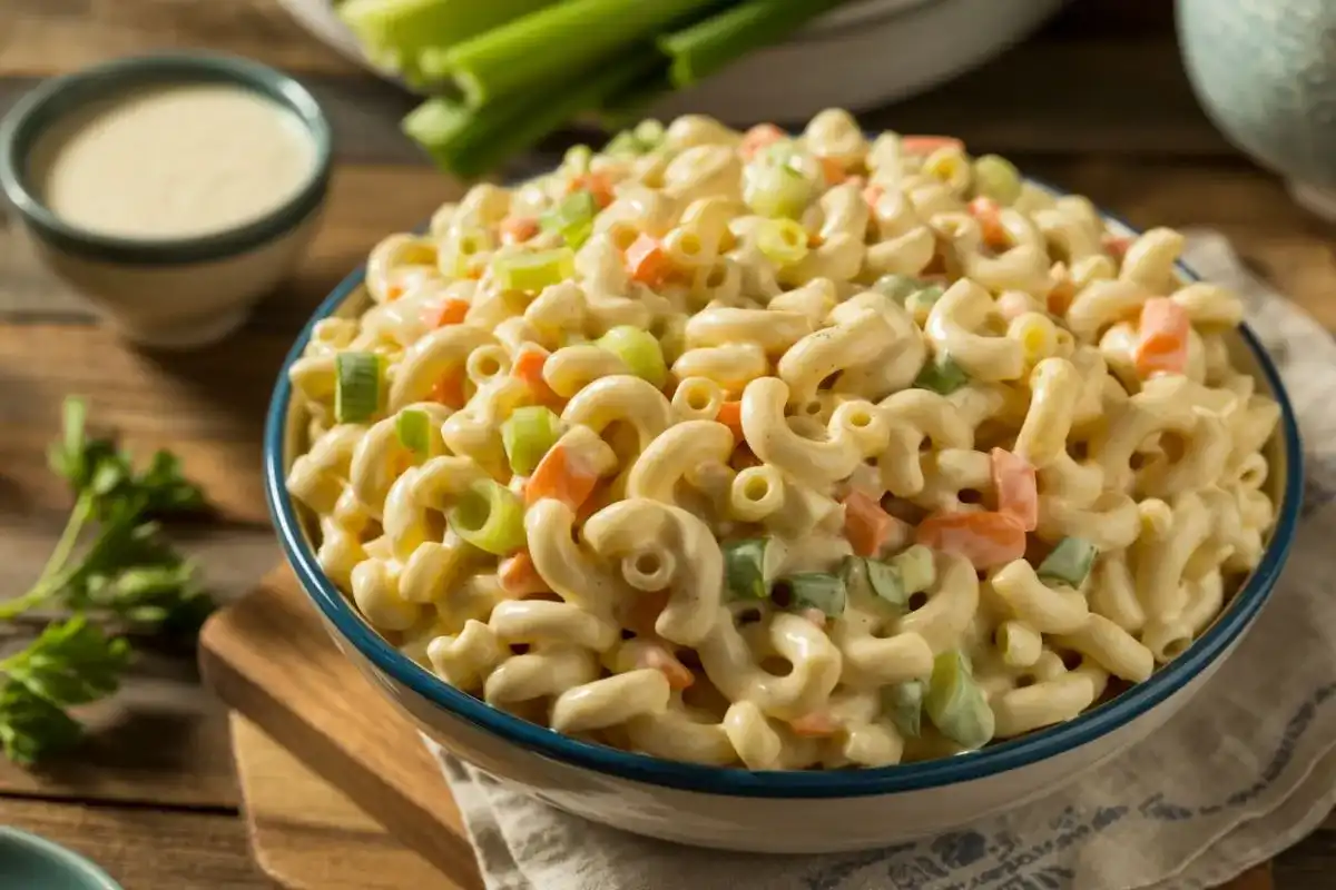 Top-down view of creamy Ono Hawaiian macaroni salad with chopped carrots, celery, and green onions in a white bowl.