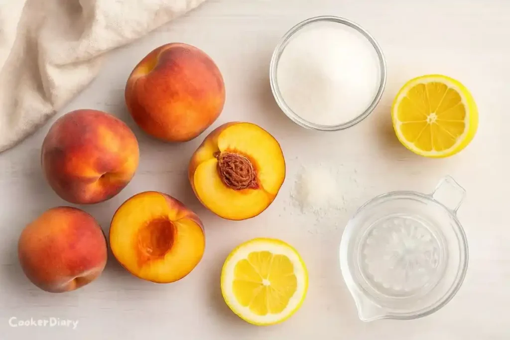 Flat-lay of raw ingredients for peach jam on a wooden countertop.