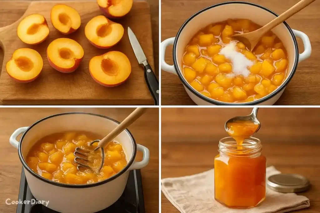 Four-step composite showing peach preparation, mixing, cooking, and jarring.