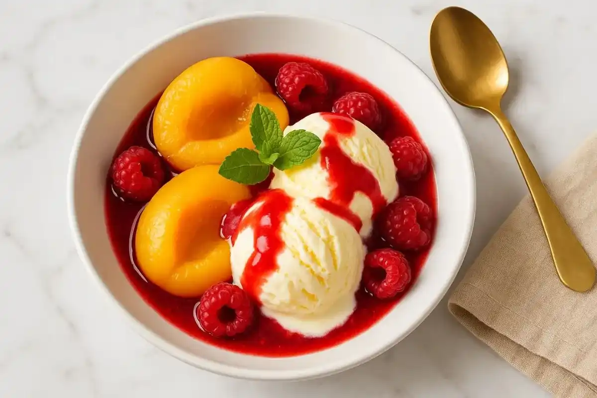 Top-down view of Peach Melba with poached peaches, vanilla ice cream, raspberry sauce, and mint in a white bowl.