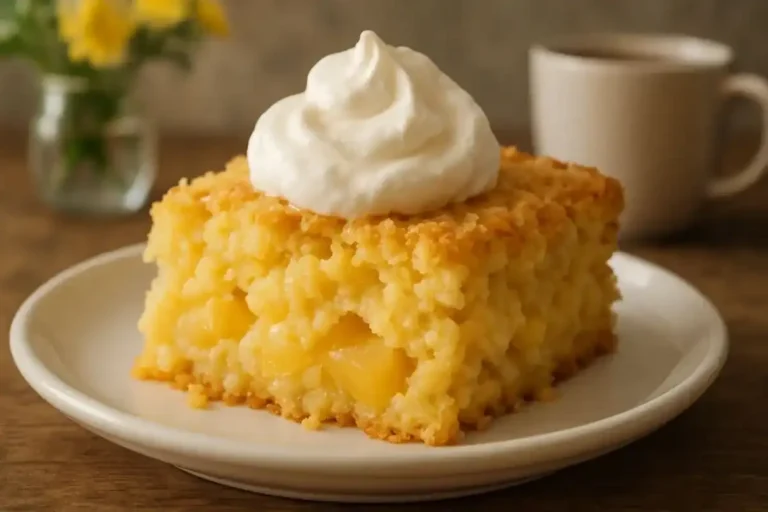 A slice of pineapple dump cake served on a white plate with whipped cream, showing its fluffy texture and pineapple chunks.