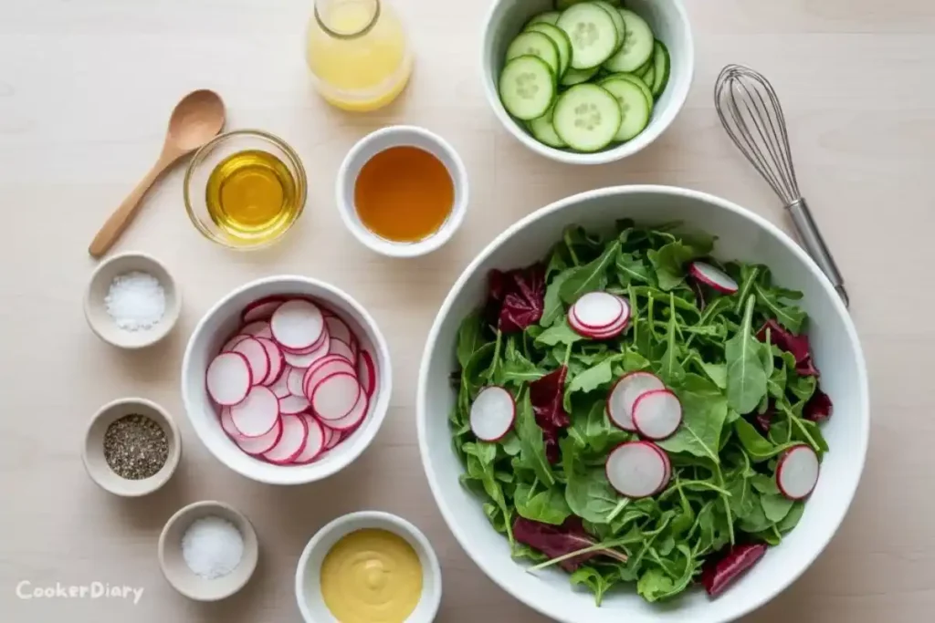 Flat-lay of fresh ingredients for radish arugula salad on wooden surface.