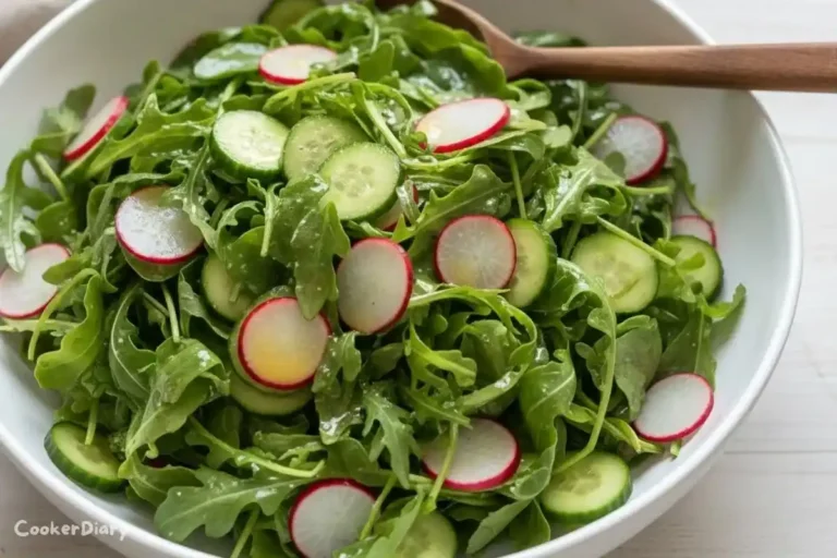 Angled close-up of radish arugula salad showing fresh textures and bright colors.