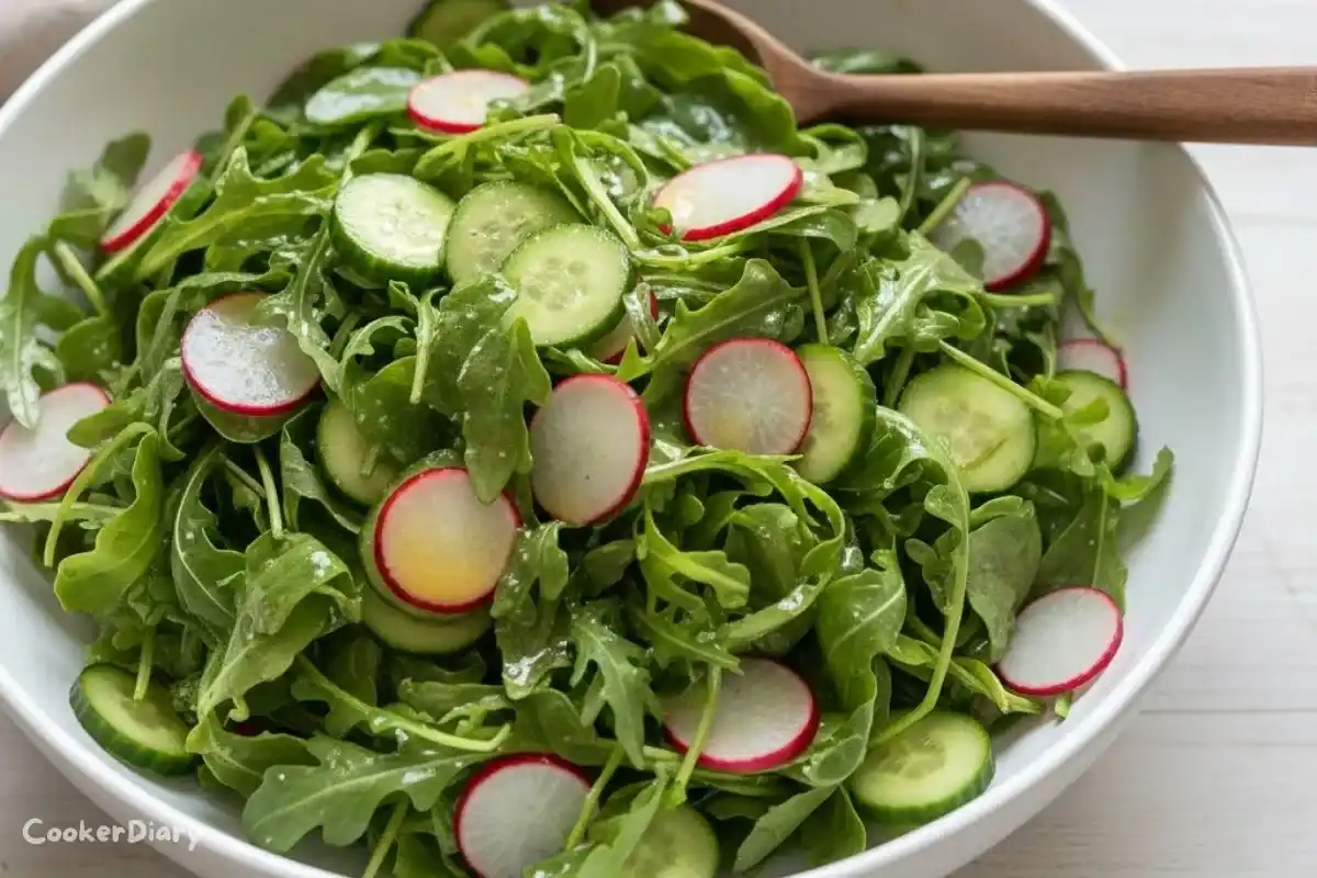 Angled close-up of radish arugula salad showing fresh textures and bright colors.