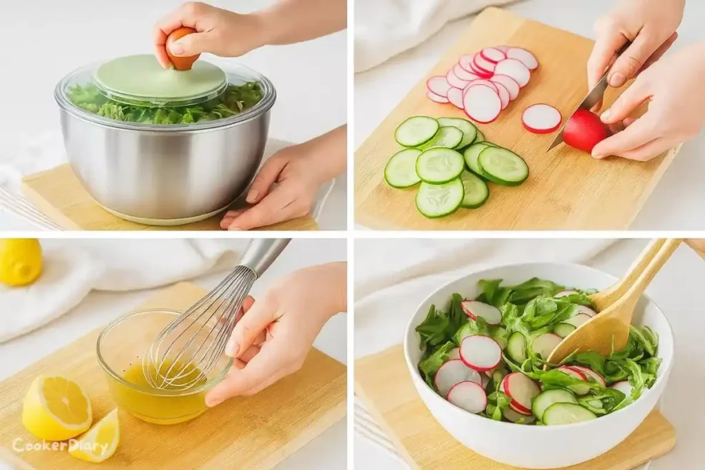 Four-step composite showing how to make the salad from washing greens to tossing with dressing.